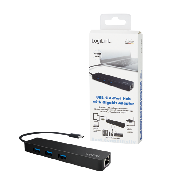 Logilink UA0313 USB-C 3port USB-HUB mit Gigabit-LAN-Anschluss